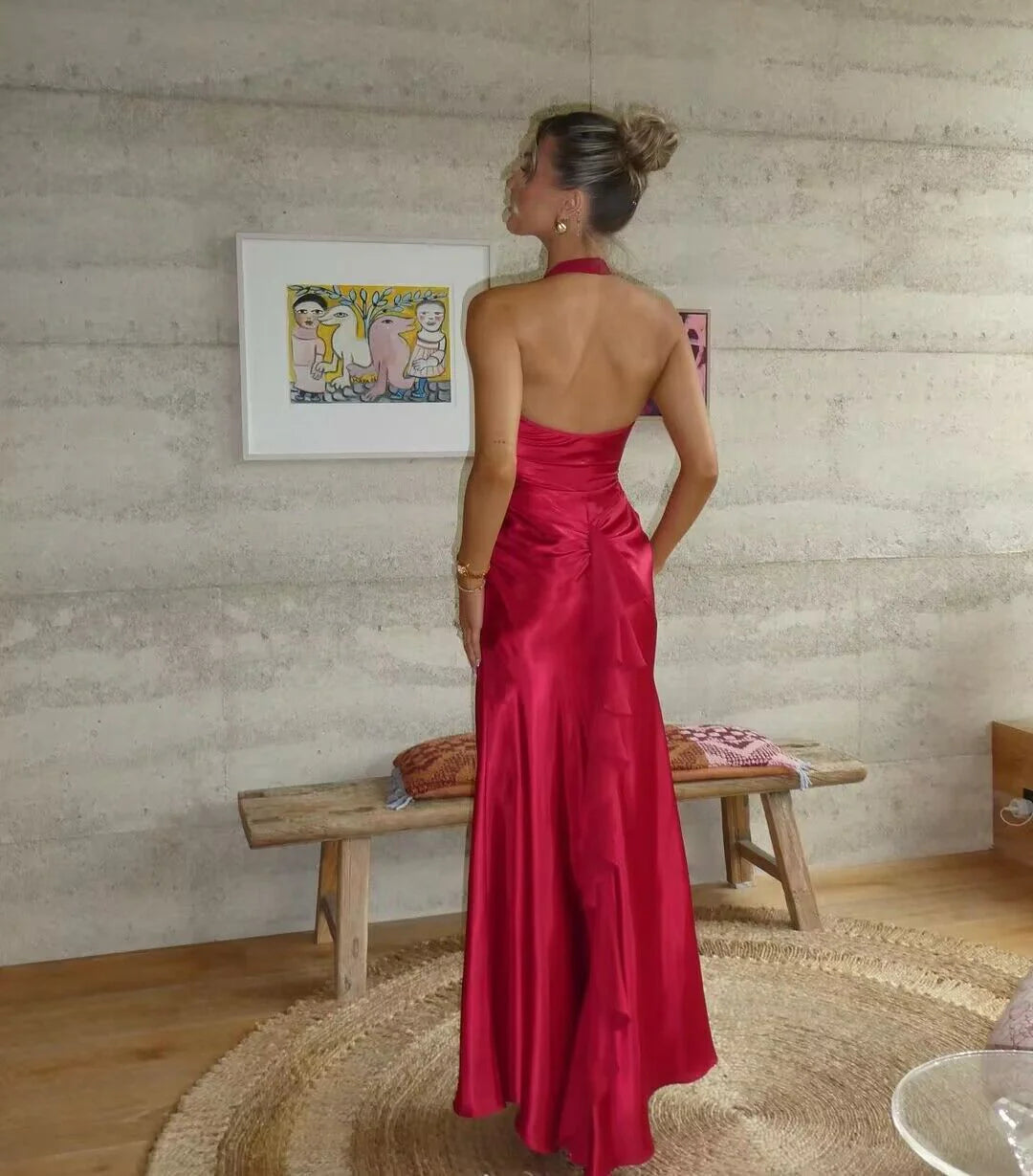 Robe de soirée longue en satin rouge style sirène pour femme, col licou, style Weitese.